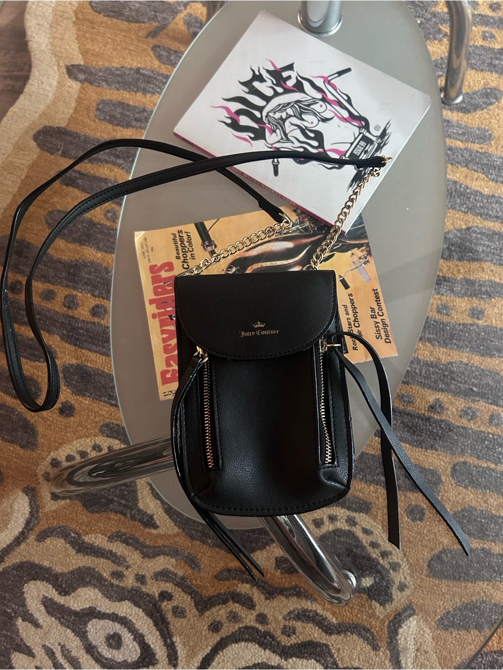 Juicy Couture Black Faux Leather Crossbody Phone Pouch with Chain